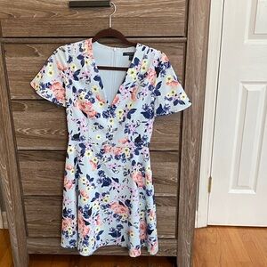 French Connection Light Blue Floral V-Neck Mini Dress